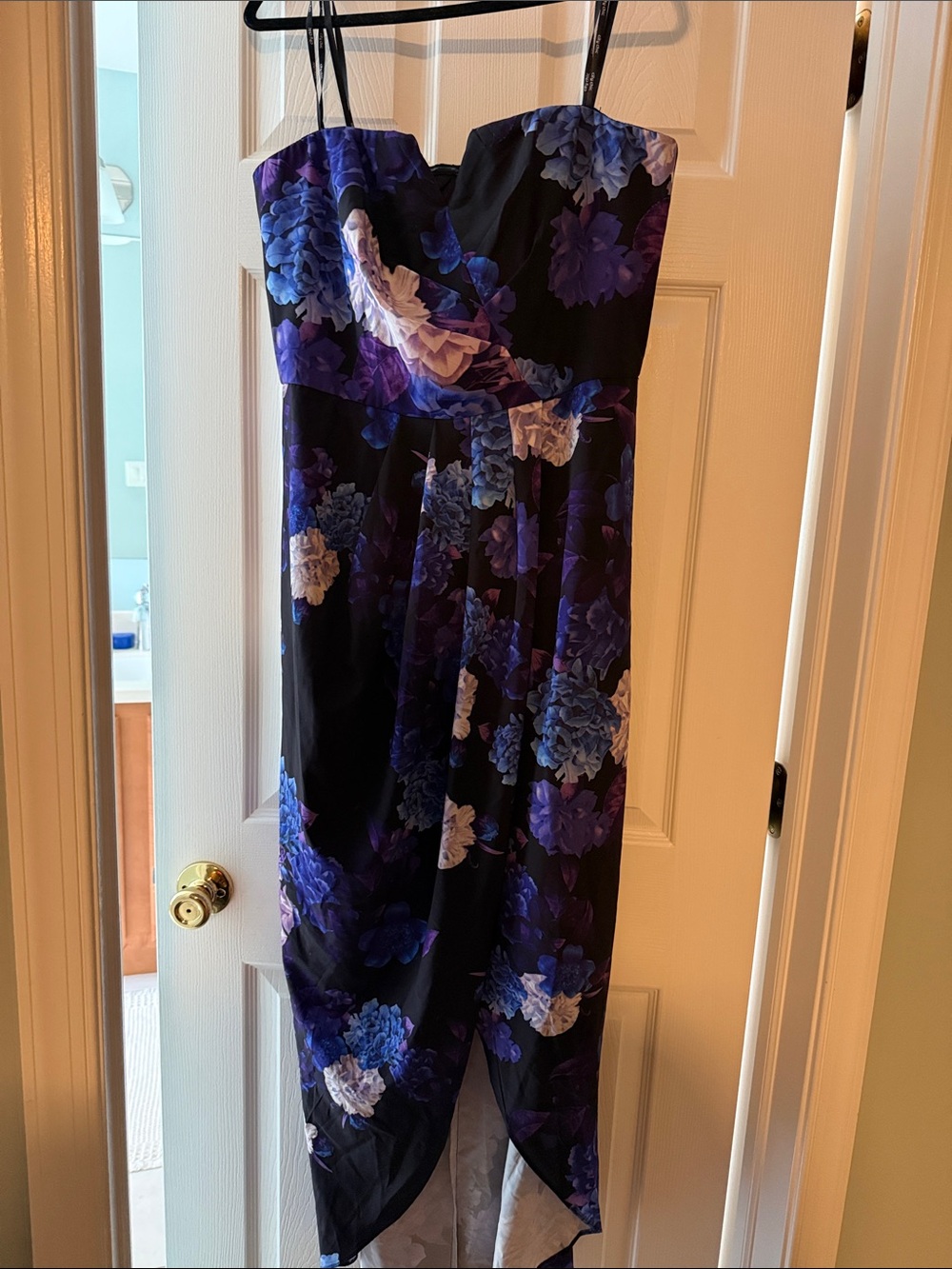 City Chic Black Strapless Floral Dress with Purple & Blue Blooms